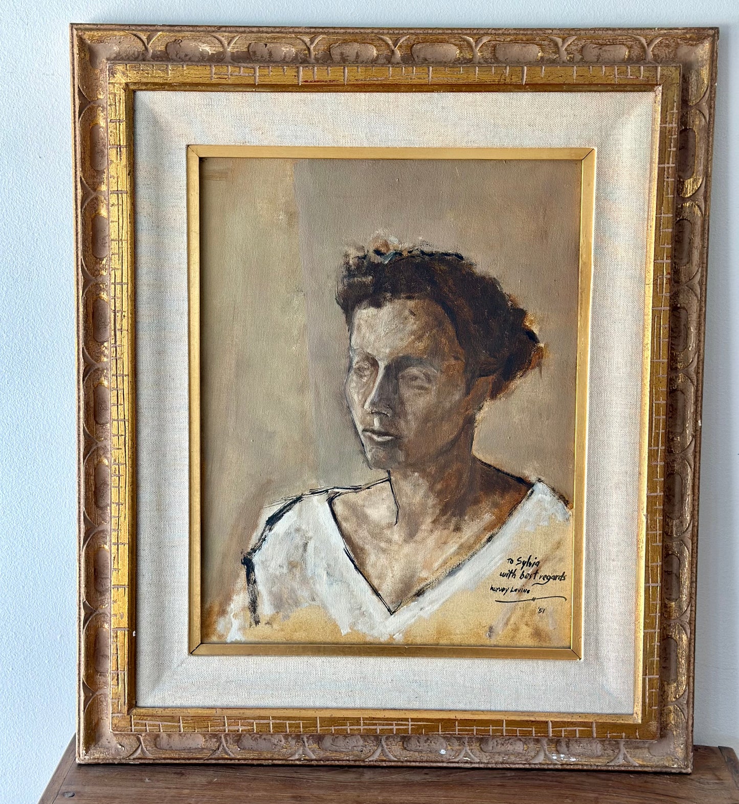 Mid-Century Portrait Painting with Signed Dedication