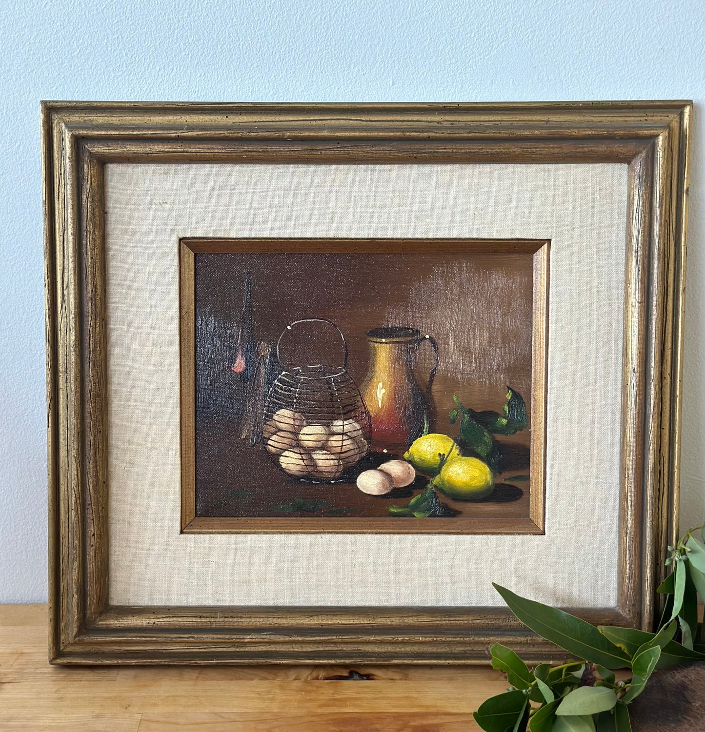 Vintage Still Life Painting with Wire Basket and Lemons